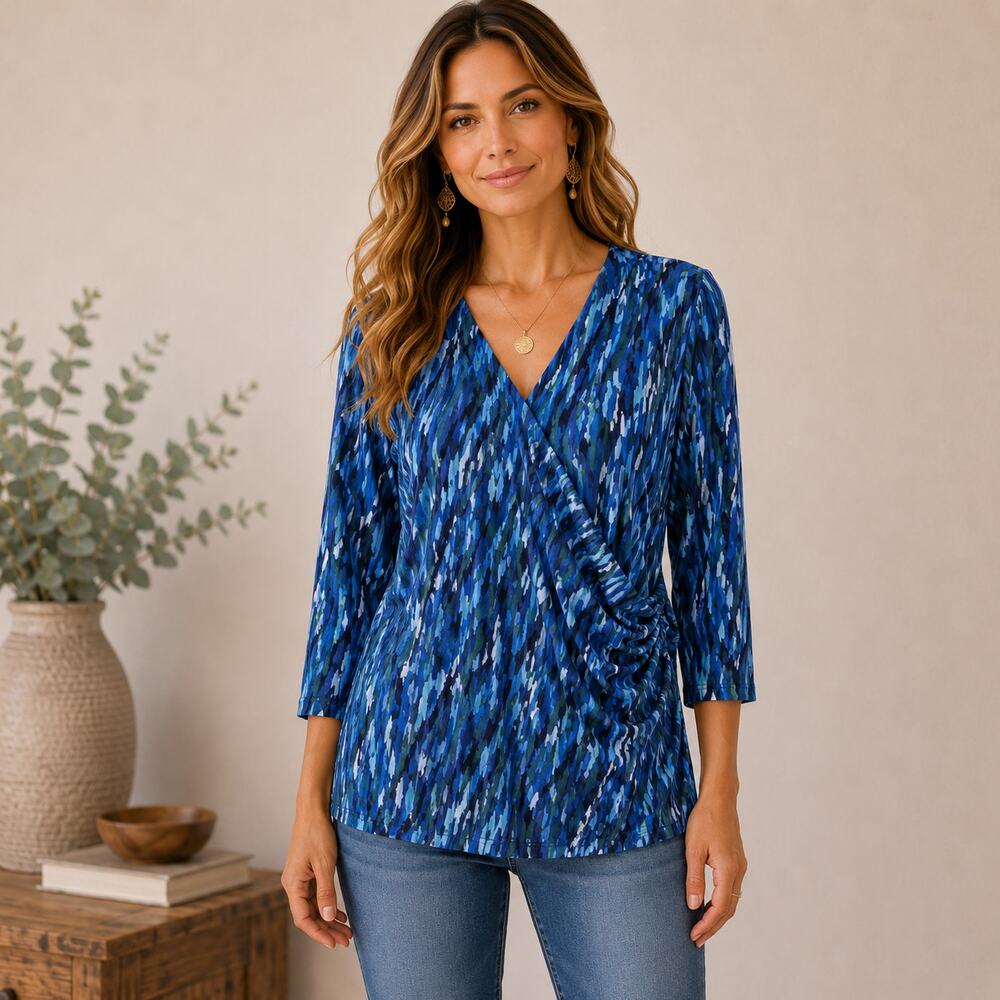 Susan Graver Liquid Knit Blouse Women's Size 1X Blue Casual Office Boho-chic